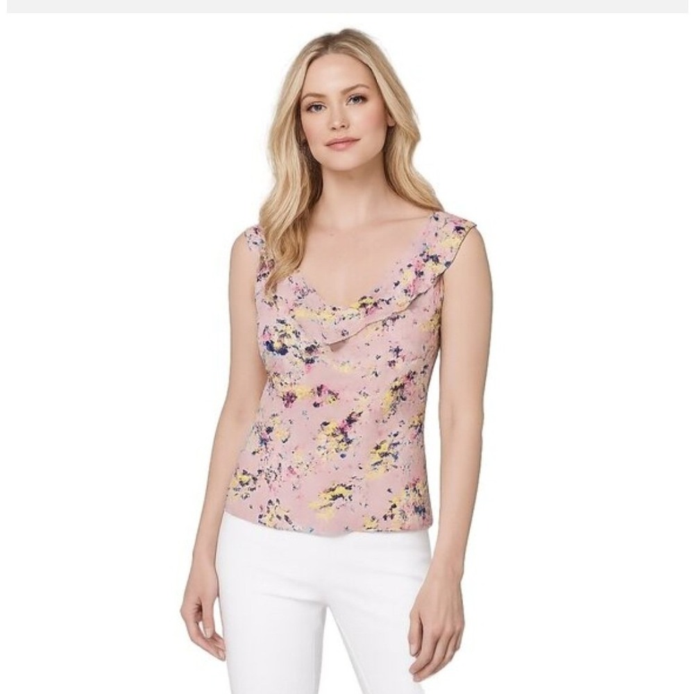 NWT White House Black Market Sleeveless Ruffle Top 12 Petal Swirls Sepia Pink